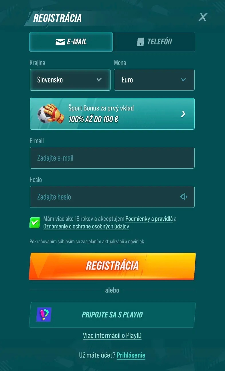 Registračný formulár v kasíne Golisimo